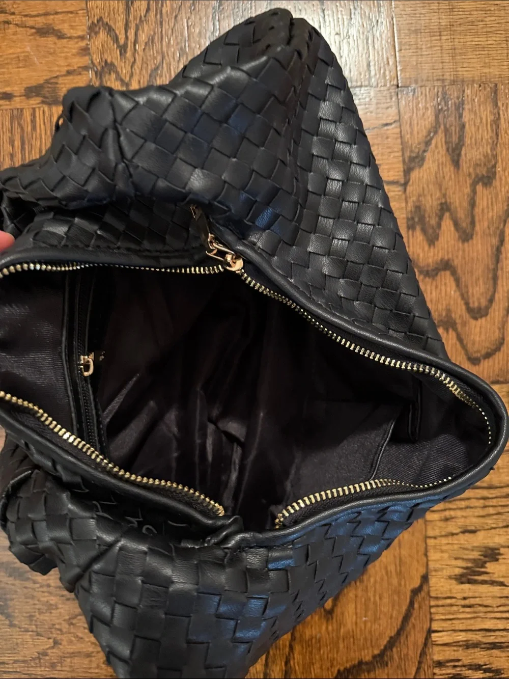 Melie Biiano Black Woven Hobo Shoulder Bag with Gold Hardware